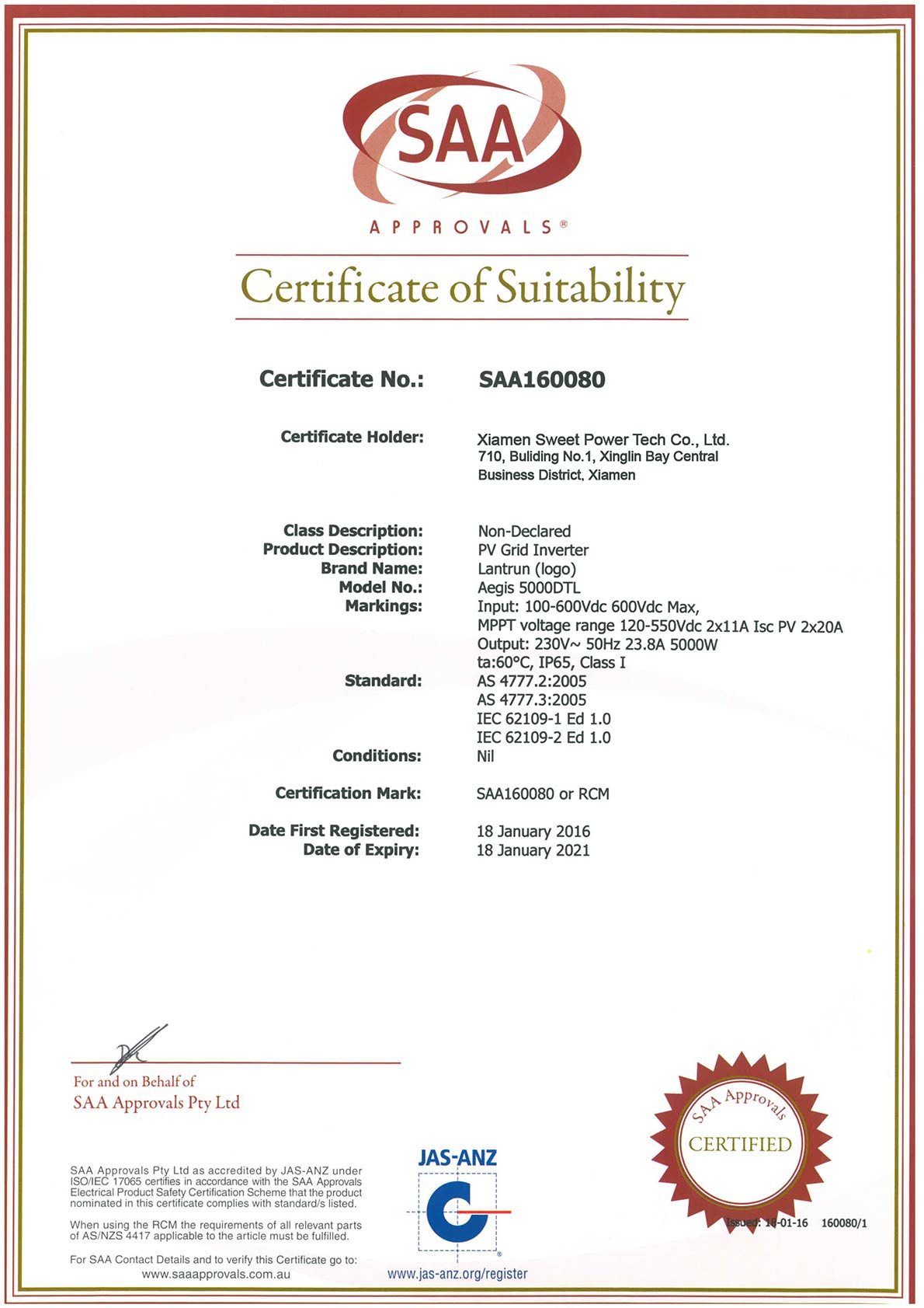 Certificado SAA Aegis 3600_5000DTL